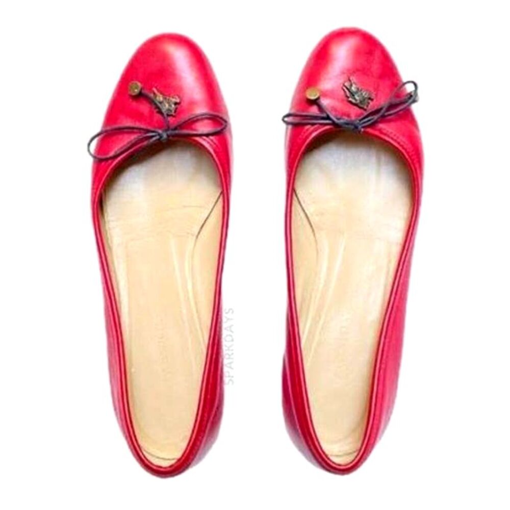 Burberry 7 Flats Red Leather Bow Charm Red Ballet Slip On Burgundy Shoe Women